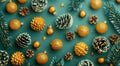 Yellow Christmas decorations, pine cones and branches on green background. Royalty Free Stock Photo